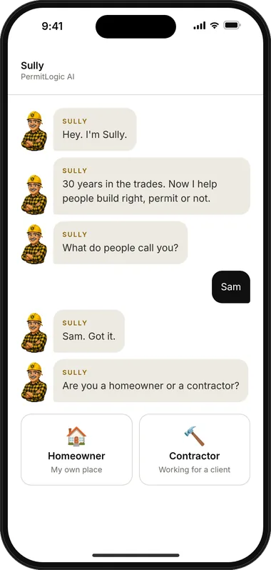 Onboarding chat where Sully asks your name and whether you're a homeowner or a contractor