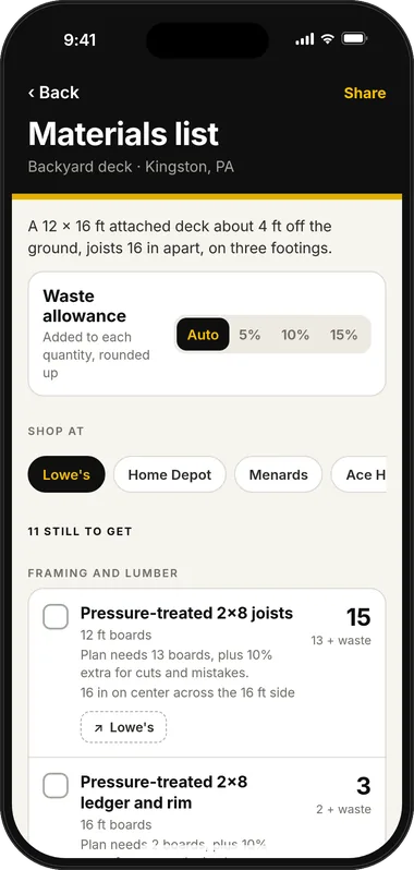 Materials list for an example backyard deck, with a waste allowance selector, a store picker and quantities for each item